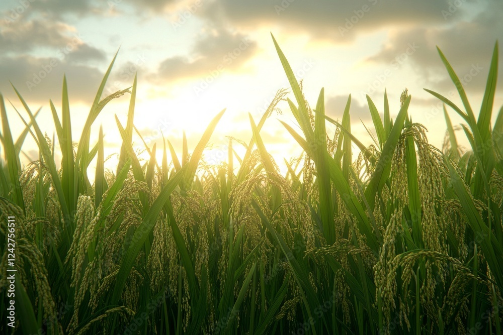 Obraz premium A field of rice with the sun shining on it