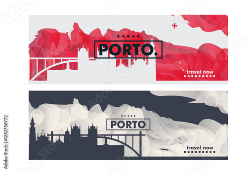 Porto city horizon profile banner, placard, header, footer. Portugal metropolitan downtown vector website page layout with panoramic front view