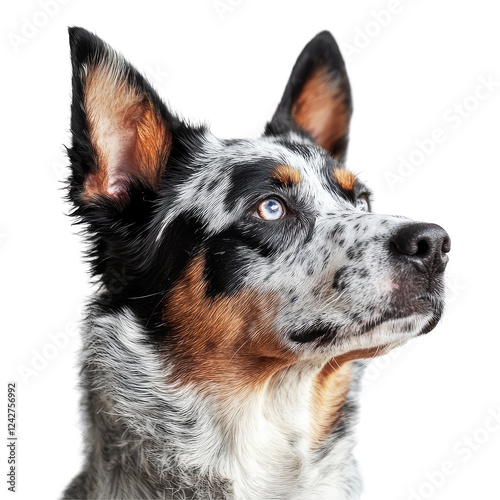 Portrait of a Blue Merle Dog Against a transparent background with Cattle in Studio Setting