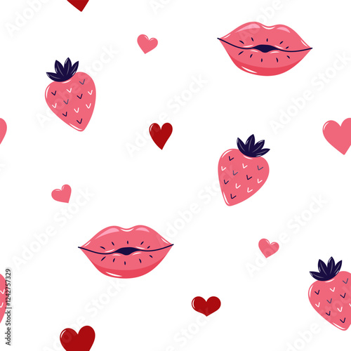 Valentine's Day Seamless pattern with strawberry and Kissing lips. Cute background for textiles and packaging. On white background. Vector illustration.
