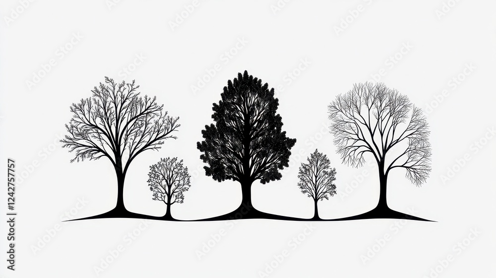Fototapeta premium Silhouettes of Various Trees in Different Shapes and Sizes