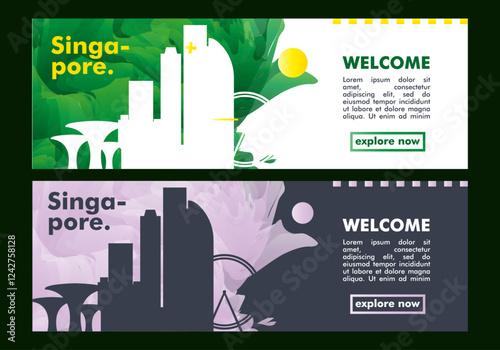 Singapore city horizon profile banner, placard, header, footer. Metropolitan downtown vector website page layout with panoramic front view