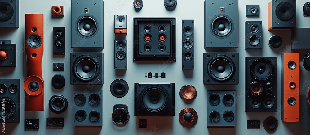 Obraz premium A vibrant display of various speaker models arranged artistically on a wall, showcasing sound technology
