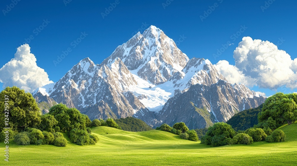 Fototapeta premium Snow Capped Mountain Peak Under A Vibrant Blue Sky
