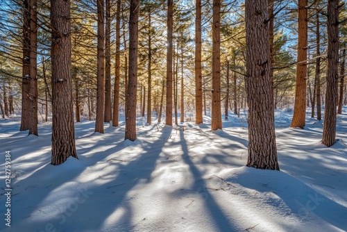 A serene winter forest scene with tall pine trees covered in snow, the sunlight filtering through them creating long shadows on the ground, creating an atmosphere of tranquility and magical