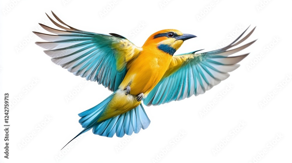 Obraz premium Vibrant Flying Bird with Colorful Feathers Against White Background