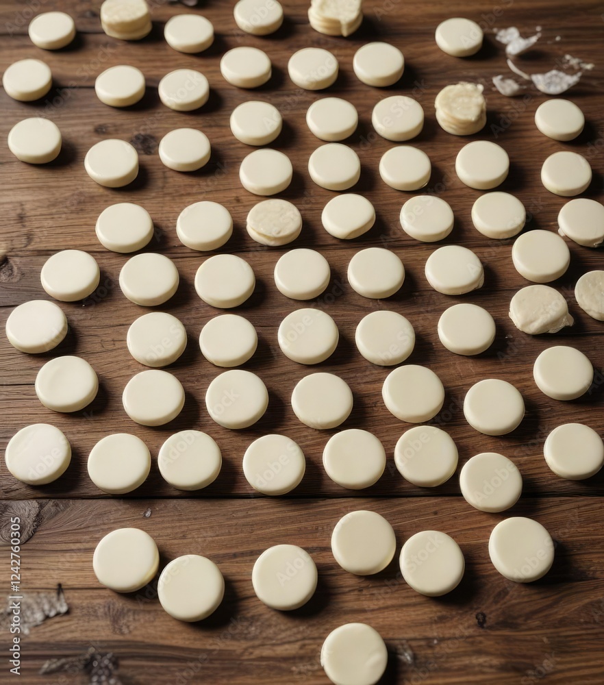 White chocolate buttons laid out on a distressed wooden surface, circular, round White chocolate buttons laid out on a distressed wooden surface, circular, round
