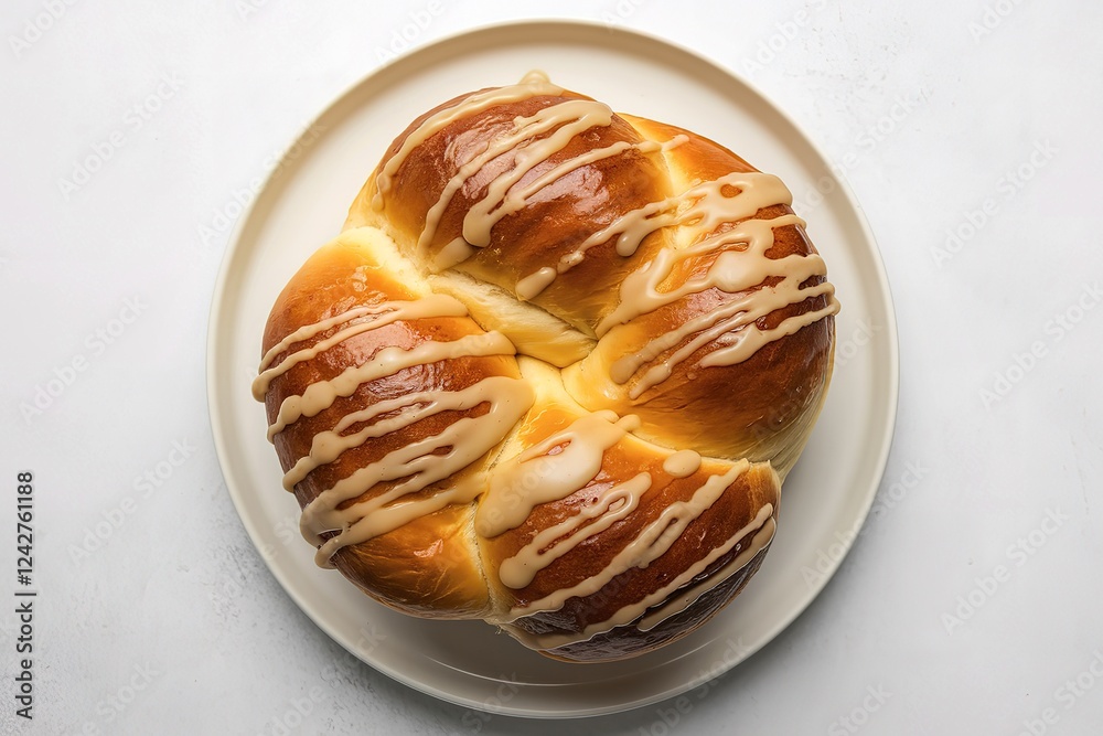 A photo of a fresh twisted bun glazed with a butterscotch glaze A photo of a fresh twisted bun glazed with a butterscotch glaze