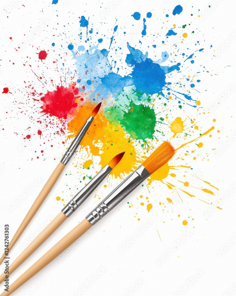 Fototapeta premium Vibrant paint splatters with brushes creating colorful artistic scene