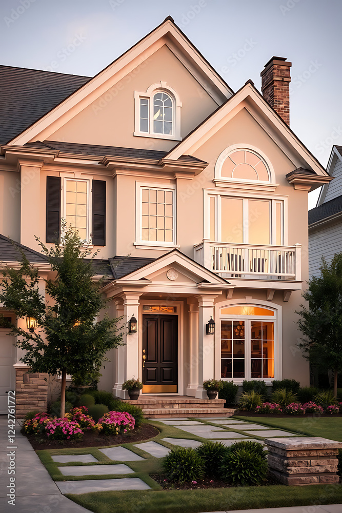 Luxury Home Exterior at Dusk: Modern Architecture and Landscaping Design