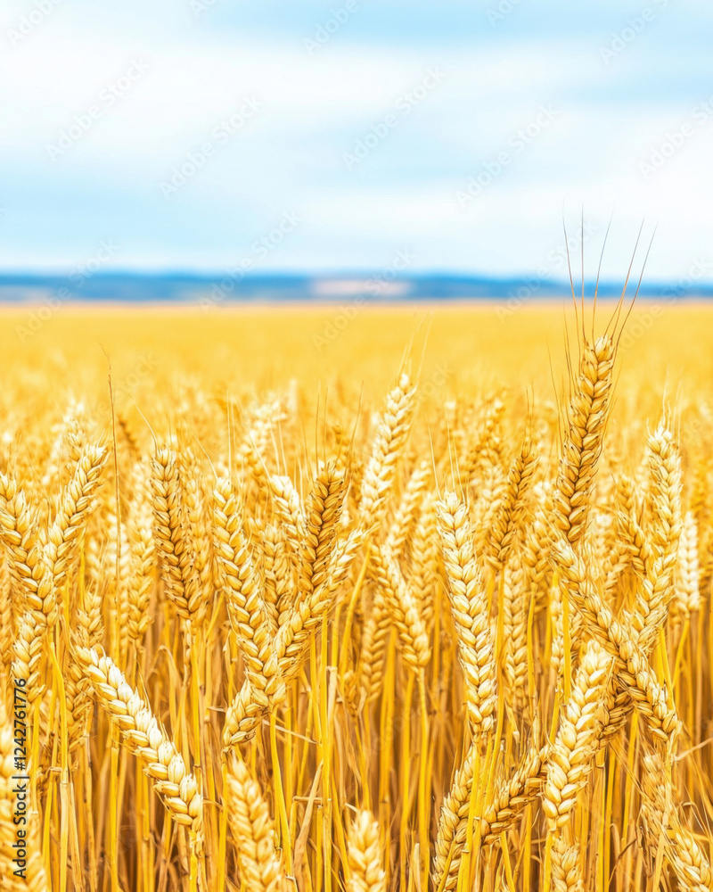 Fototapeta premium Golden wheat field under blue sky, showcasing nature beauty and abundance