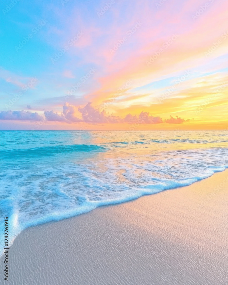 Obraz premium serene tropical beach at sunset with vibrant colors reflecting on water