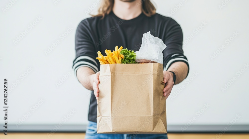 Person Holding Paper Bag of Fries and Burger Person Holding Paper Bag of Fries and Burger