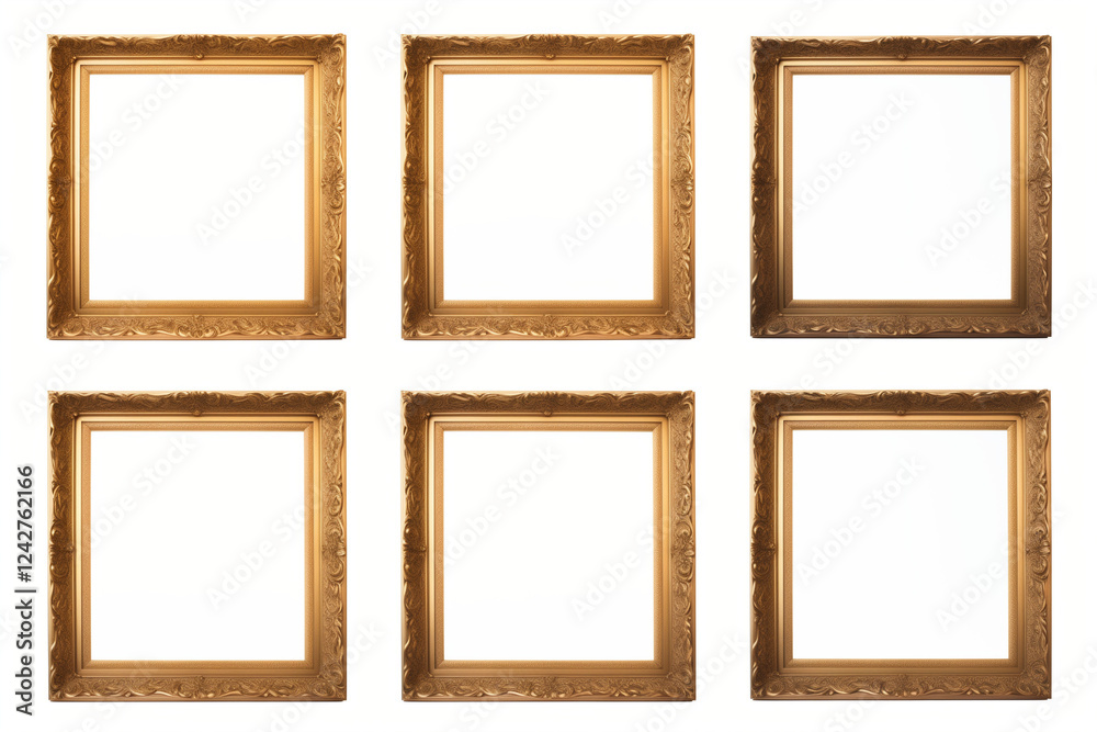 A slender gold picture frame set against a white background. A slender gold picture frame set against a white background.