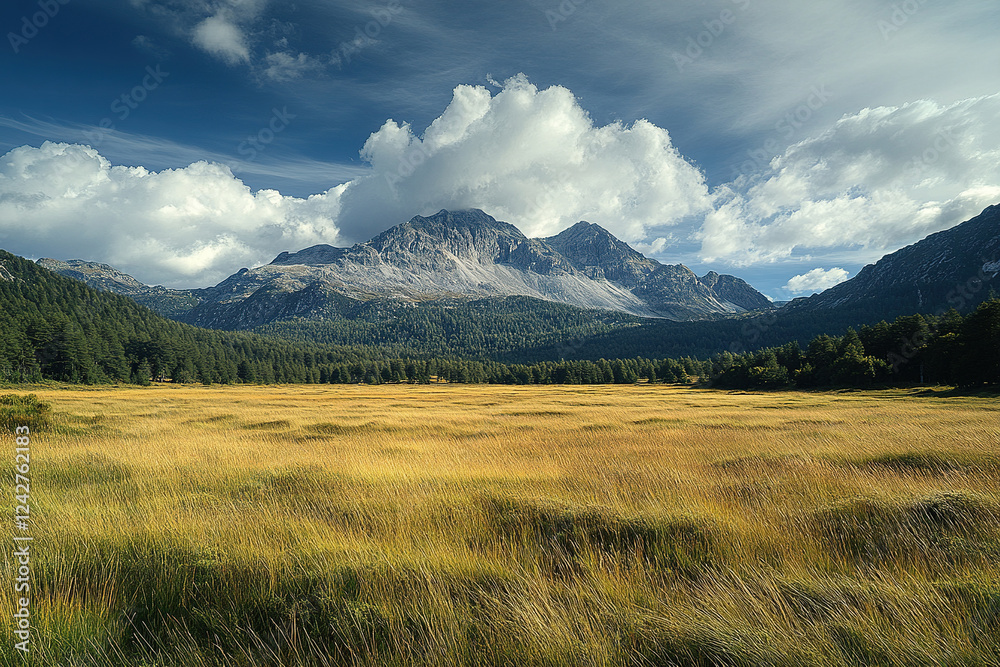 Panoramic view of mountain with forest under blue sky with clouds. Landscape. Generated by artificial intelligence. Panoramic view of mountain with forest under blue sky with clouds. Landscape. Generated by artificial intelligence.