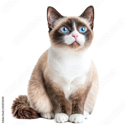 Adorable white cat with striking blue eyes poses elegantly on a clean studio background for stunning photography