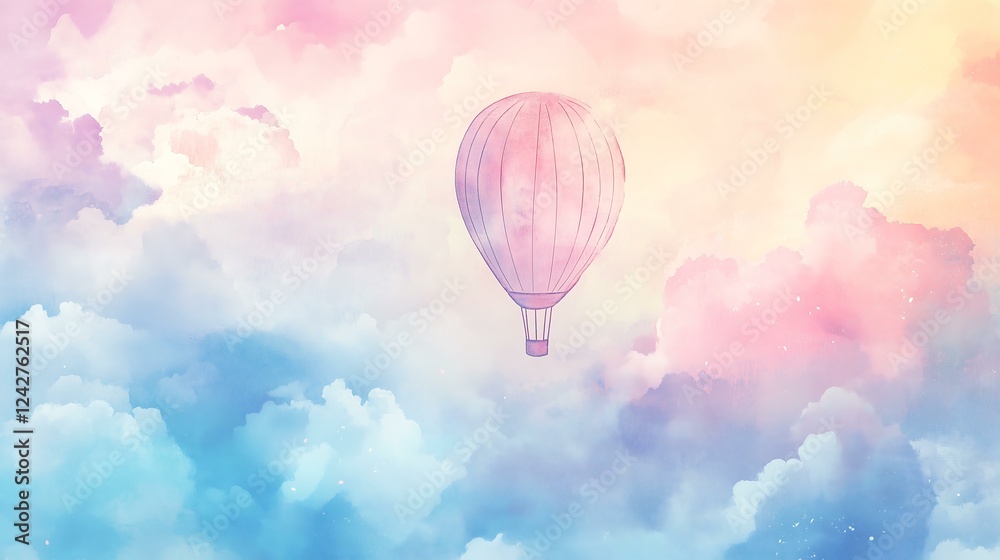 Obraz premium Watercolor A dreamy hot air balloon soaring through colorful clouds at sunrise or sunset.