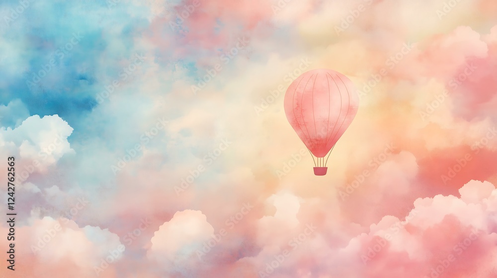 Fototapeta premium Watercolor A dreamy hot air balloon floating amidst pastel-colored clouds.