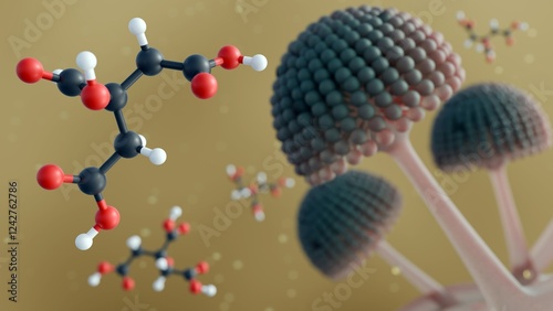 A 3d rendering of Aspergillus niger and scattered molecule of citric acids, these molds are used industrially to produce citric acid.