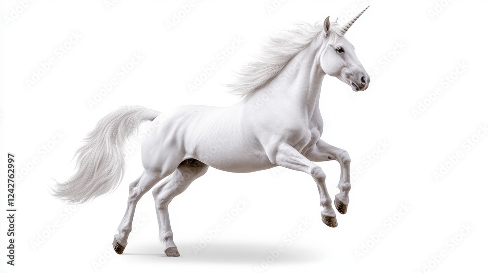 Beautiful White Unicorn Jumping Gracefully Against White Background Beautiful White Unicorn Jumping Gracefully Against White Background