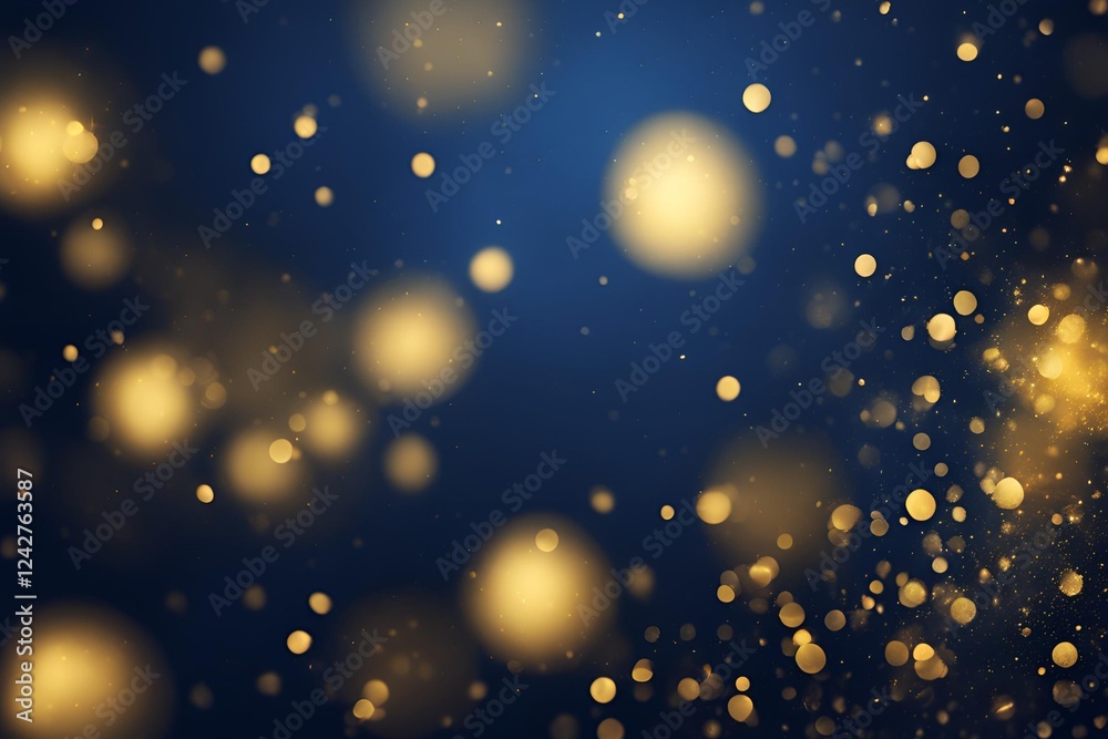 Fototapeta premium Abstract dark blue and gold particle background with Christmas golden light bokeh, shining particles on navy blue, gold foil texture, festive holiday concept