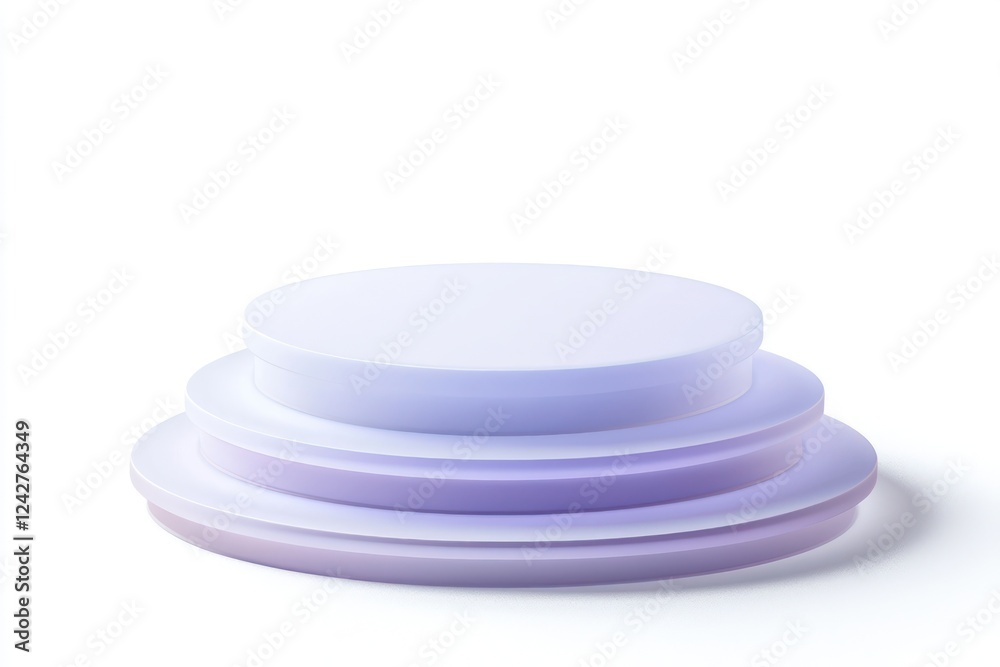 Neutral white backdrop contrasts with a layered circular podium in soft lavender tones. Neutral white backdrop contrasts with a layered circular podium in soft lavender tones.