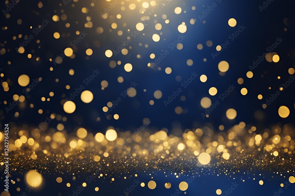 Obraz premium Abstract dark blue and gold particle background with Christmas golden light bokeh, shining particles on navy blue, gold foil texture, festive holiday concept