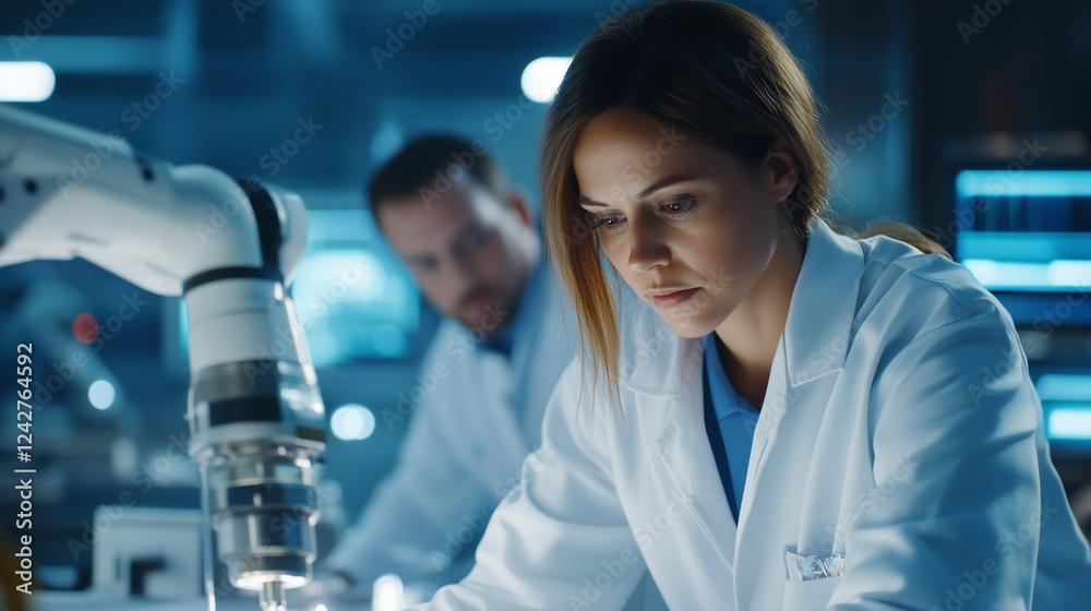 Female Engineer Working on 3D Engine Model While Male Colleague Programs Robotic Arm in Modern Industrial Setting female engineer, 3D modeling, engine design, robotic arm, programm Female Engineer Working on 3D Engine Model While Male Colleague Programs Robotic Arm in Modern Industrial Setting female engineer, 3D modeling, engine design, robotic arm, programm