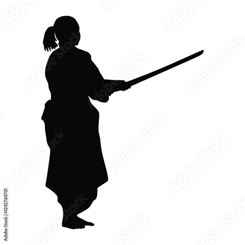 A woman demonstrating Aikido . Inscription on illustration of Aikido. Women Warriors with the sword Silhouette, Vector illustration