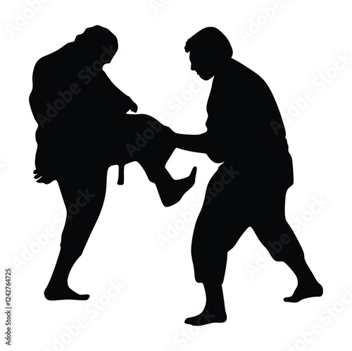 Fight between two aikido fighters vector illustration. Sparring on training action. Traditional self defense skills, martial art exercising concept. Aikido practice pose. Sparing duel demonstration.