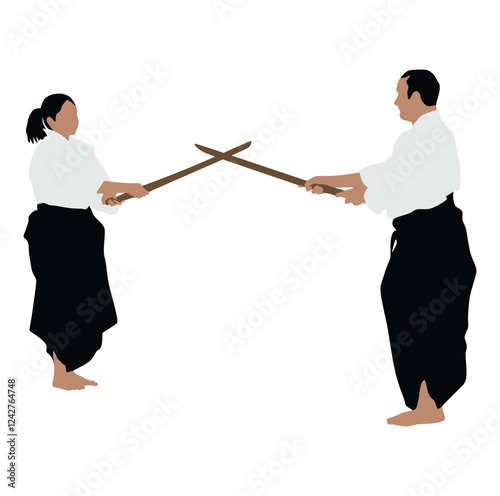 Fight between two aikido fighters vector illustration. Sparring on training action. Traditional self defense skills, martial art exercising concept. Aikido practice pose. Sparing duel demonstration.