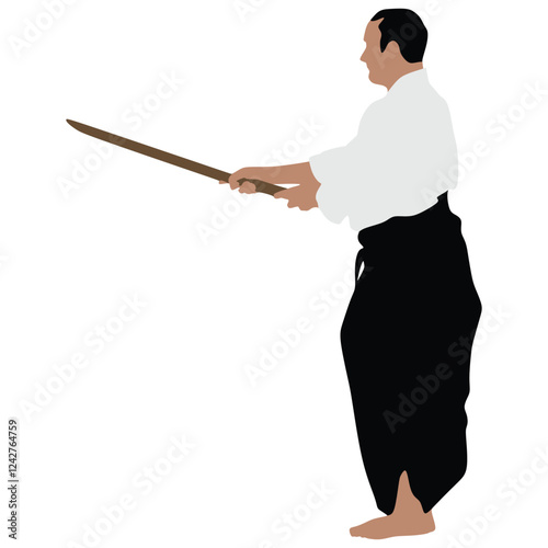 A man demonstrating Aikido . Inscription on illustration of Aikido. Warriors with the sword Silhouette, Vector illustration