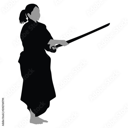 A woman demonstrating Aikido . Inscription on illustration of Aikido. Women Warriors with the sword Silhouette, Vector illustration