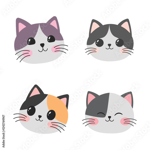 Set of Adorable Cat Kitten Head Mascot Cartoon Character with Happy Expression