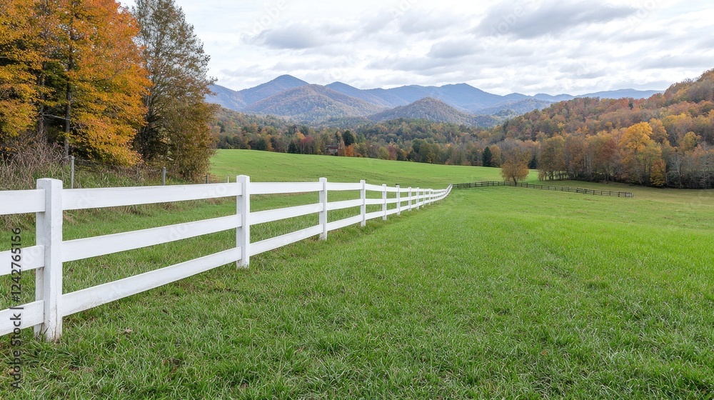 Autumnal mountain vista, white fence, green pasture