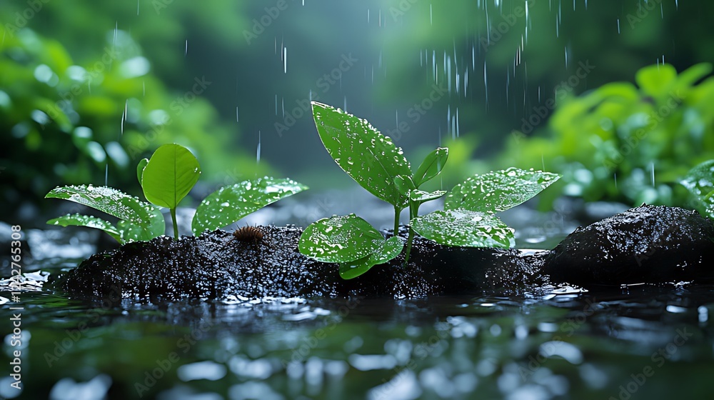 Rain-soaked seedlings sprout by stream, lush forest background Rain-soaked seedlings sprout by stream, lush forest background