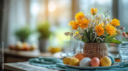 Vibrant flowers in a woven basket brighten up a rustic table adorned with beautifully painted eggs, evoking the spirit of spring and festive gatherings
