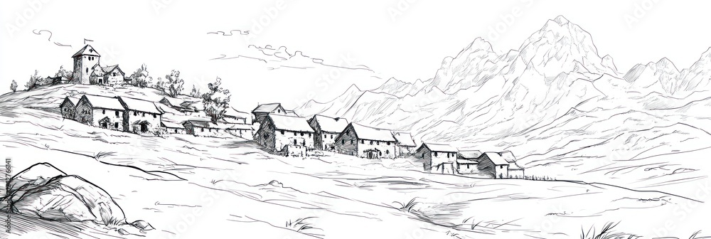 Fototapeta premium Mountain Village Sketch Showing Castle and Houses