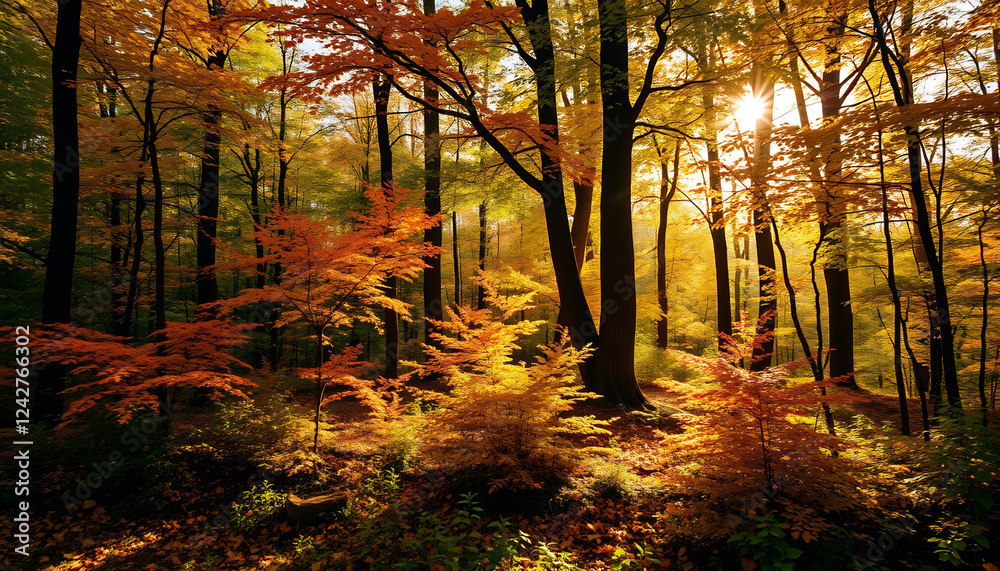 Obraz premium Autumn Forest with Sunlight Streaming Through Trees