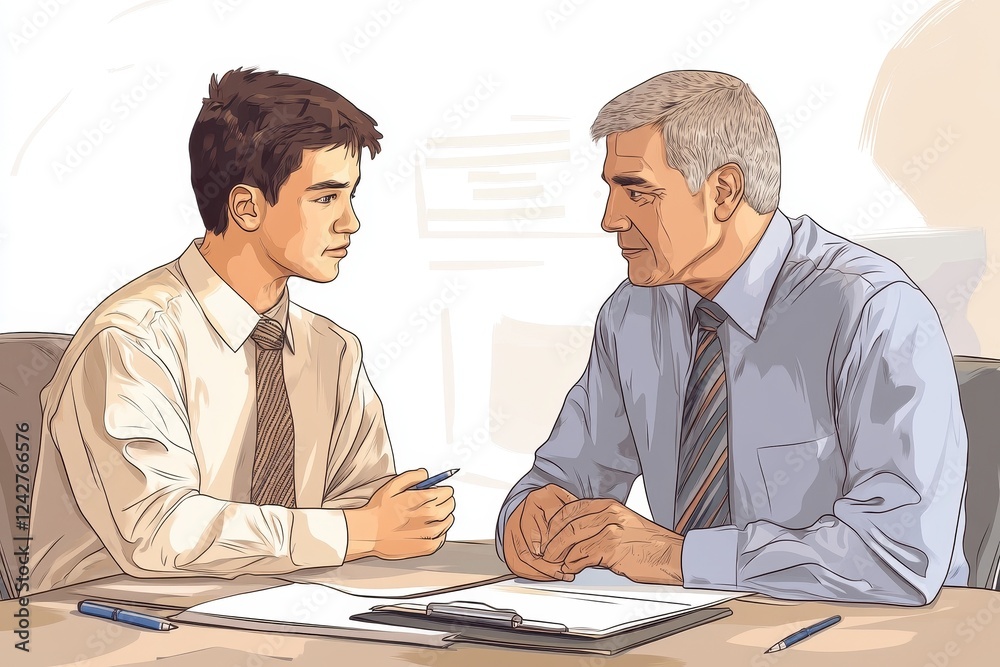 Young Man and Older Man Discuss Business Matters Young Man and Older Man Discuss Business Matters
