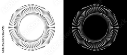 Spiral with lines as dynamic abstract vector background or logo or icon. Black spiral on white background and white spiral on black background.