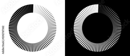 Radial lines of different thickness, as a logo or abstract background. A rotating circle like a loading sign. Black circle on a white background and the same white circle on the black side.