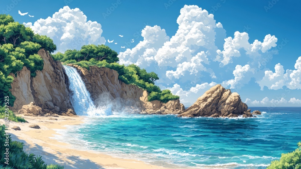 Obraz premium Coastal Waterfall Beach Paradise, Sunny Sky, Game Background