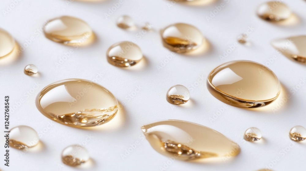 Golden-brown oil droplets of varying sizes and shapes on a white background, reflecting freshness and purity Golden-brown oil droplets of varying sizes and shapes on a white background, reflecting freshness and purity