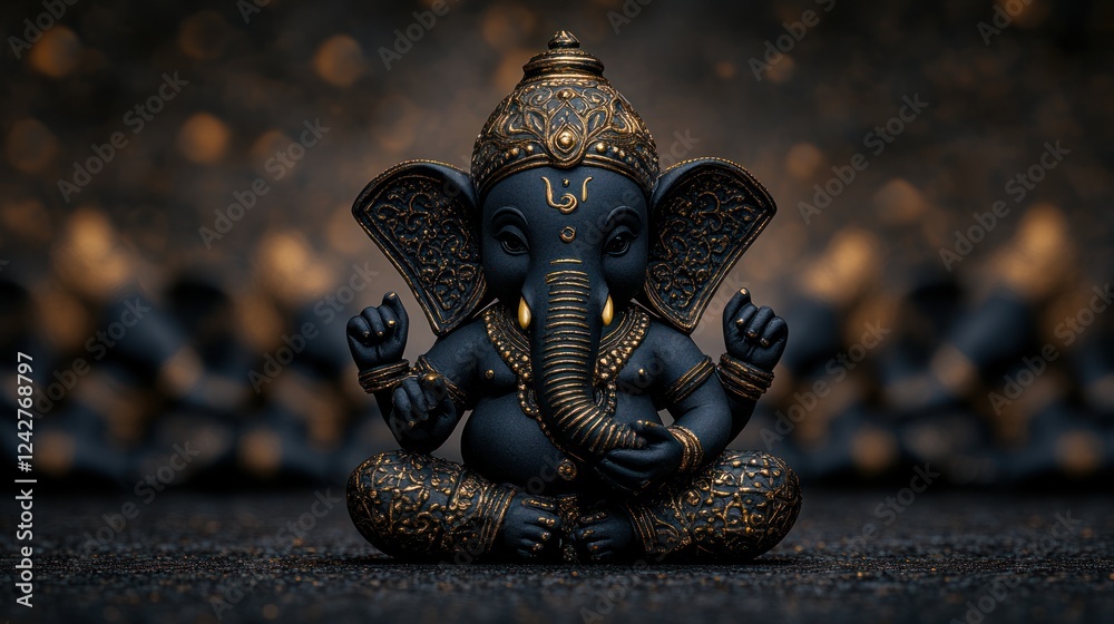 Obraz premium Ganesha Statues in Sitting Pose with Gold-Plated Hands and Arms, Featuring Beautiful Aig Embellishments
