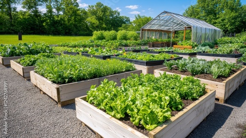Vibrant Community Garden with Raised Beds and Greenhouse in Summer