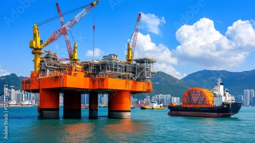 Offshore Platform with Crane Against City Skyline and Blue Sky