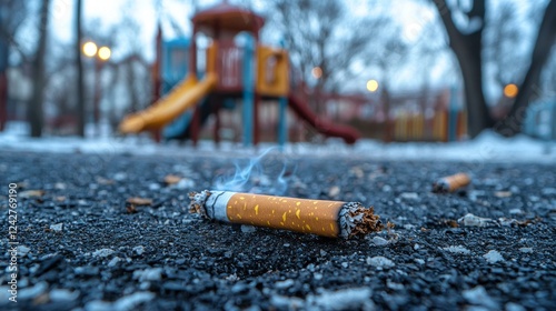 On a chilly winter evening, remnants of discarded cigarettes lie scattered near a playground, with faint wisps of smoke curling upward. The playground's vibrant colors contrast the somber scene