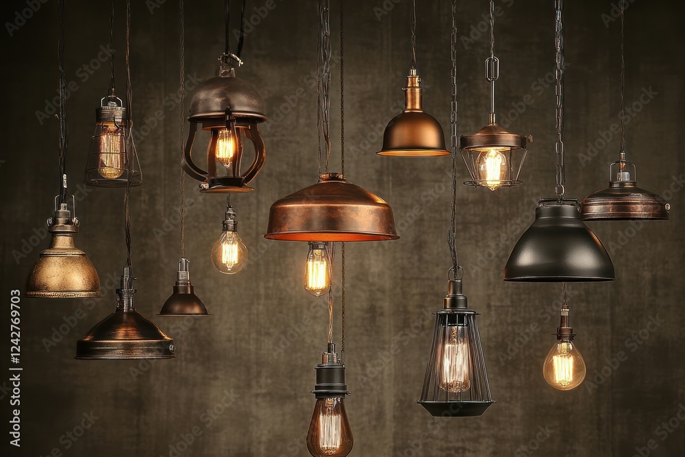 Obraz premium Industrial-style pendant lights, dark background, home decor, interior design