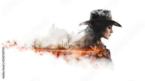 A mysterious cowgirl with flowing, waist-length hair stands in a dreamy western landscape, surrounded by delicate floral elements and ethereal lighting. The ink wash and grunge textures blend  photo